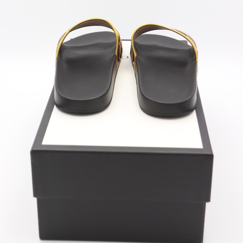 GUCCI Pursuit GG Knit Brown Gold Slide Sandals - Picture 7 of 8